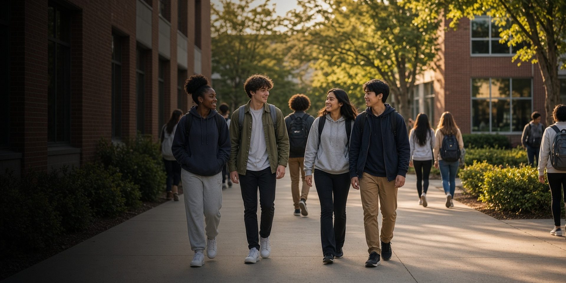 Illustration of students walking together on a sunny school campus
